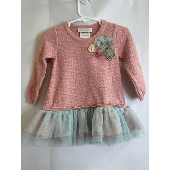 Girls Pink & Mint Tulle Long Sleeve Dress-Bonnie Baby-Size 18 Months EUC - Picture 1 of 2